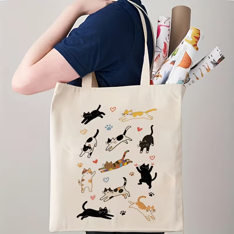 Canvas Tote Designer - Damen-Tragetasche mit niedlichem Katzenmuster – hellbeige